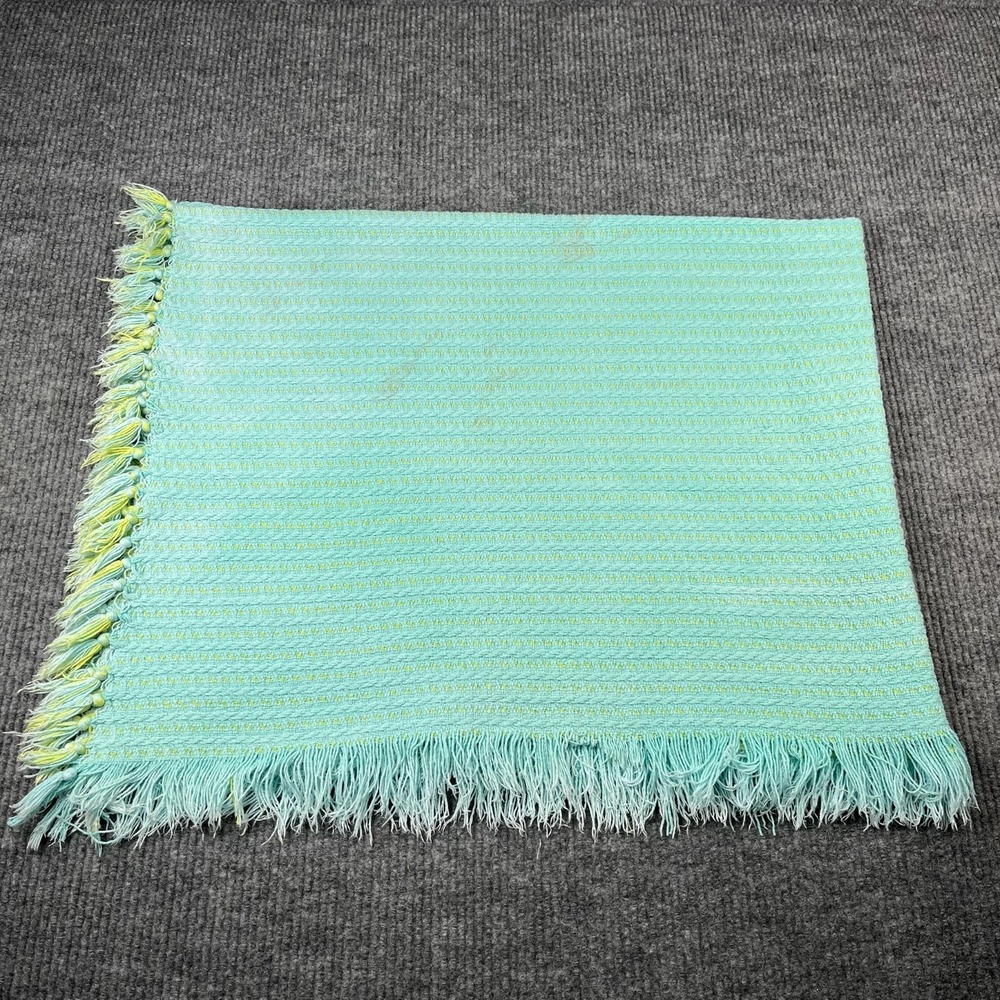 Vtg Knit Blanket Blue Yellow Fringe Unisex Cotton Throw Blanket - Picture 2 of 14